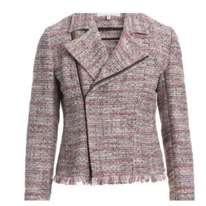 Tweed waist length moto jacket with fringe detail
